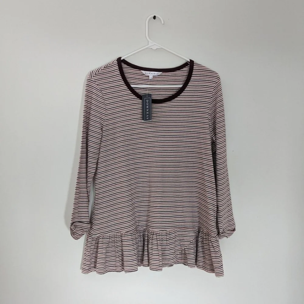 NWT Downeast Burgundy Striped Ruffle Hem Shirt - Picture 2 of 6